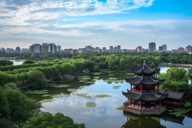 绿色环绕的公园湖泊旁的古代楼阁,高清,摄影图,摄影图片,图片大全,摄影图免费下载